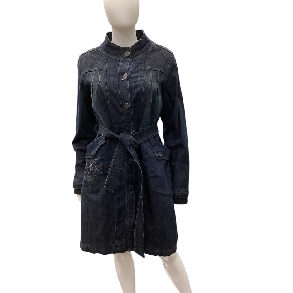 Vintage DKNY Jeans Women’s Denim Dark Blue Coat Size M Buttons Two Pockets Belt